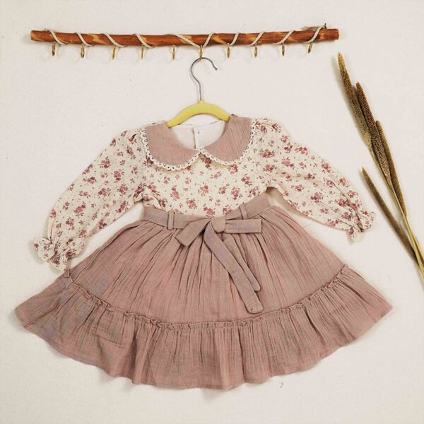 Floral & Pleated Baby Girl Dress - Muted Pink, 2 Years