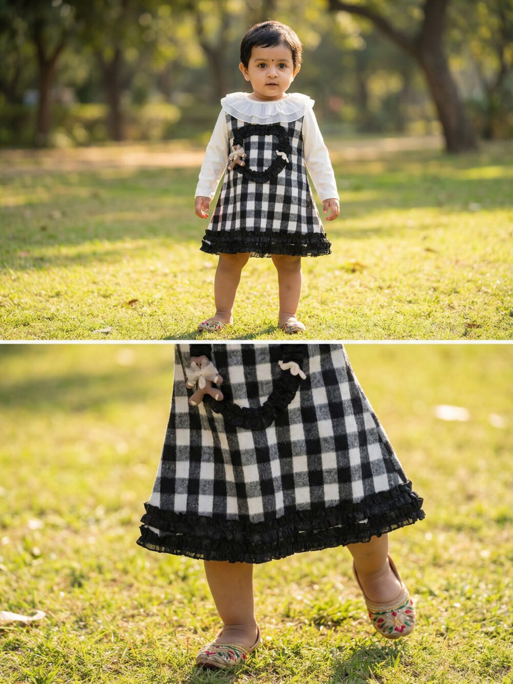 aby Girls’ Black & White Gingham Fake Two-Piece Dress with Ruffled Collar