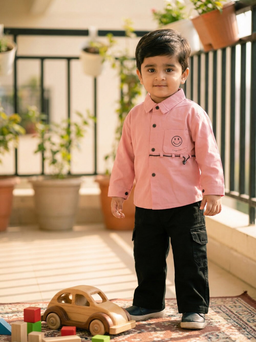 Boys’ Casual Two-Piece Set – Pink Smiley Button-Down Shirt & Black Cargo Trousers