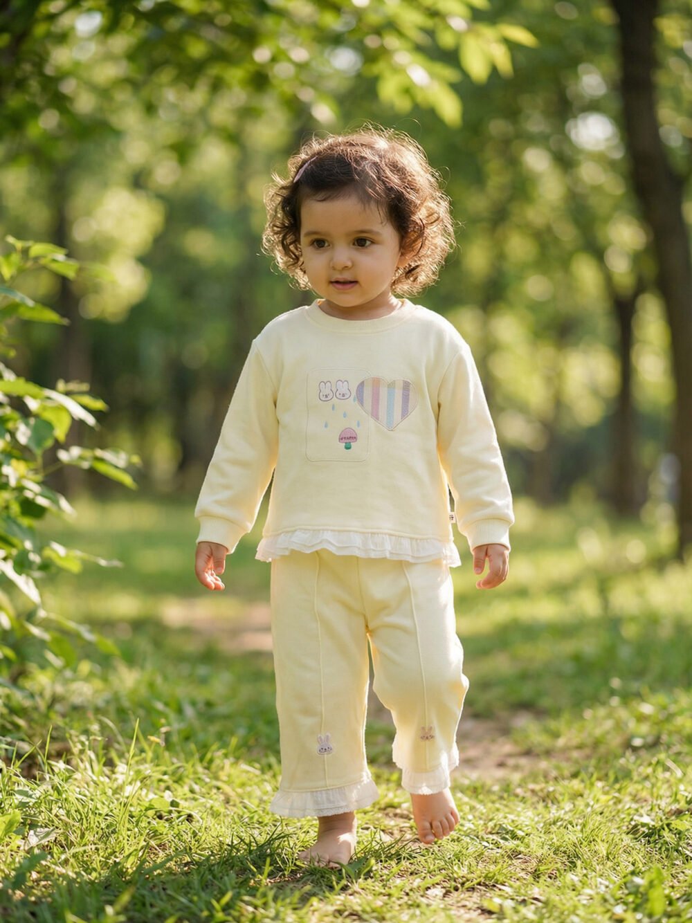 Toddler Girls’ Pale Yellow Sweatshirt & Jogger Set with Bunny Applique & Lace Trim