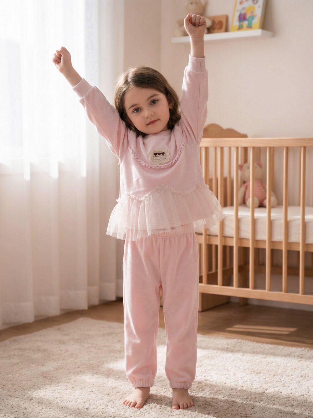 Toddler Girls’ Pink Peplum Sweatshirt & Jogger Set with Tulle Ruffle & Rope Detail