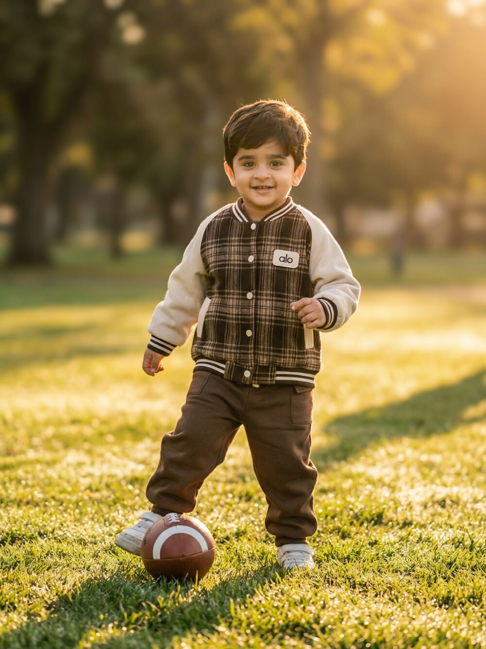 Boys Brown Checked Jacket Set with Full Sleeve T-Shirt & Pants (3-Piece Set)