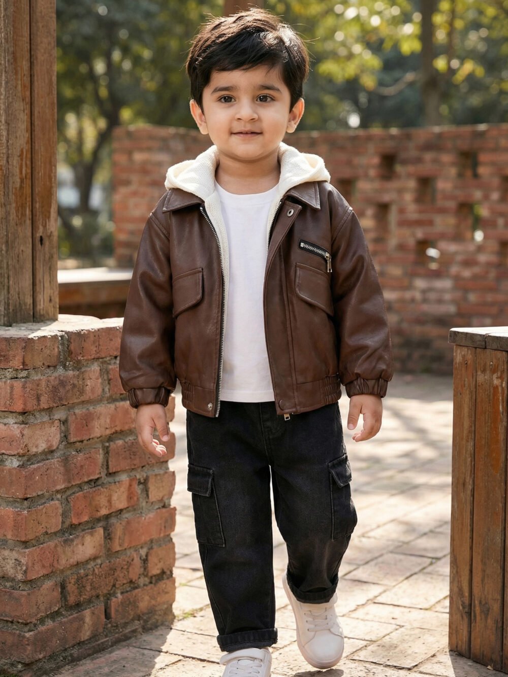 Toddler Boys’ Brown Faux-Leather Bomber Jacket & Black Cargo Jeans 3-Piece Set