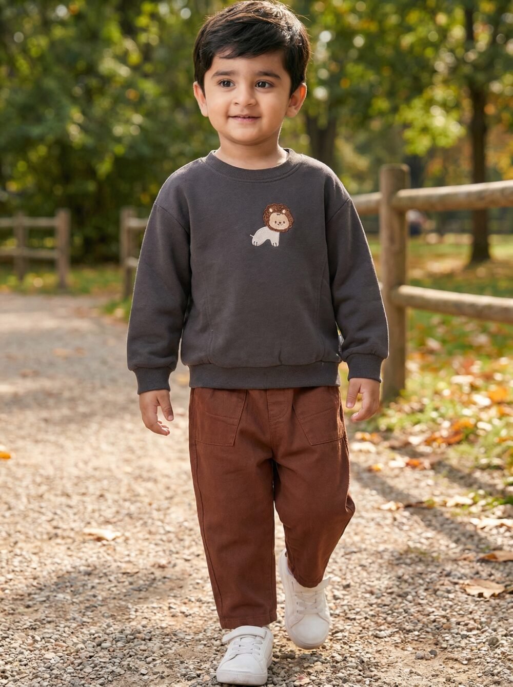Toddler Boys’ Lion Applique Charcoal Sweatshirt & Rust Brown Patch-Pocket Trousers Set