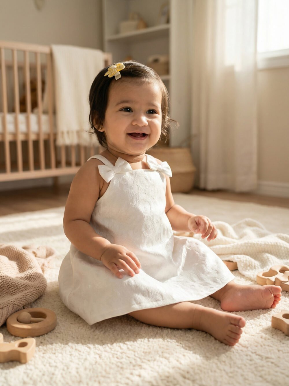 Baby Girls’ White Pointelle-Knit A-Line Sundress with Bow-Detail Straps