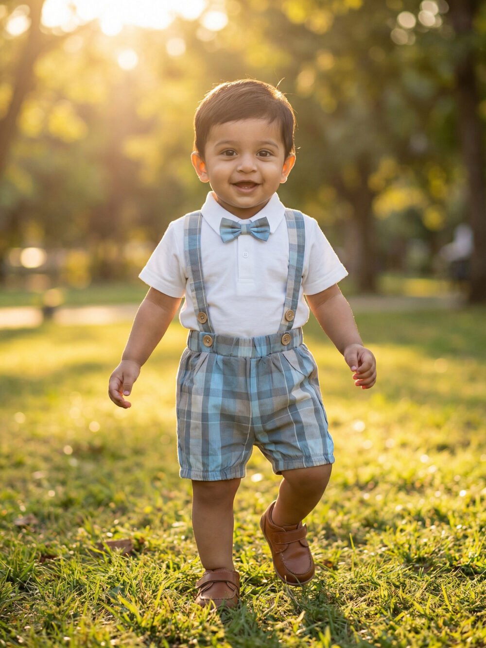 Baby Boys White Shirt with Checked Suspender Shorts & Bow Tie Set (2-Piece Outfit)
