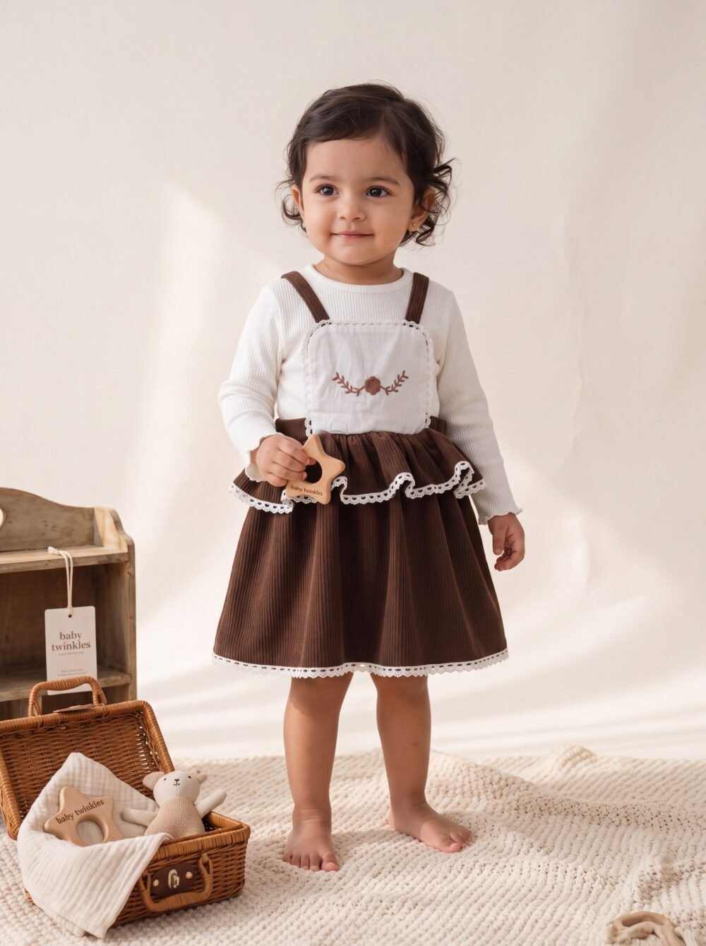 Baby Girls’ Brown Corduroy Pinafore Dress with Floral Embroidery & Lace Trim