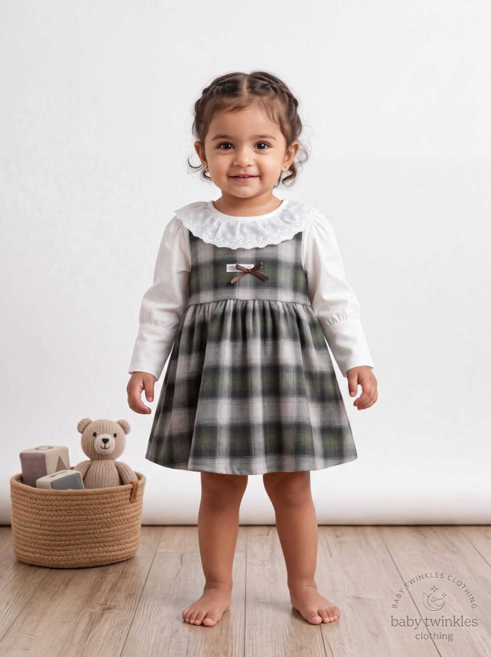 Baby Girls’ Plaid Pinafore Dress with Embroidered Lace Collar