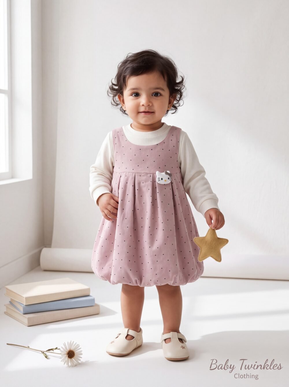 Baby Girls’ Pink Polka Dot Pinafore Dress with Long Sleeve