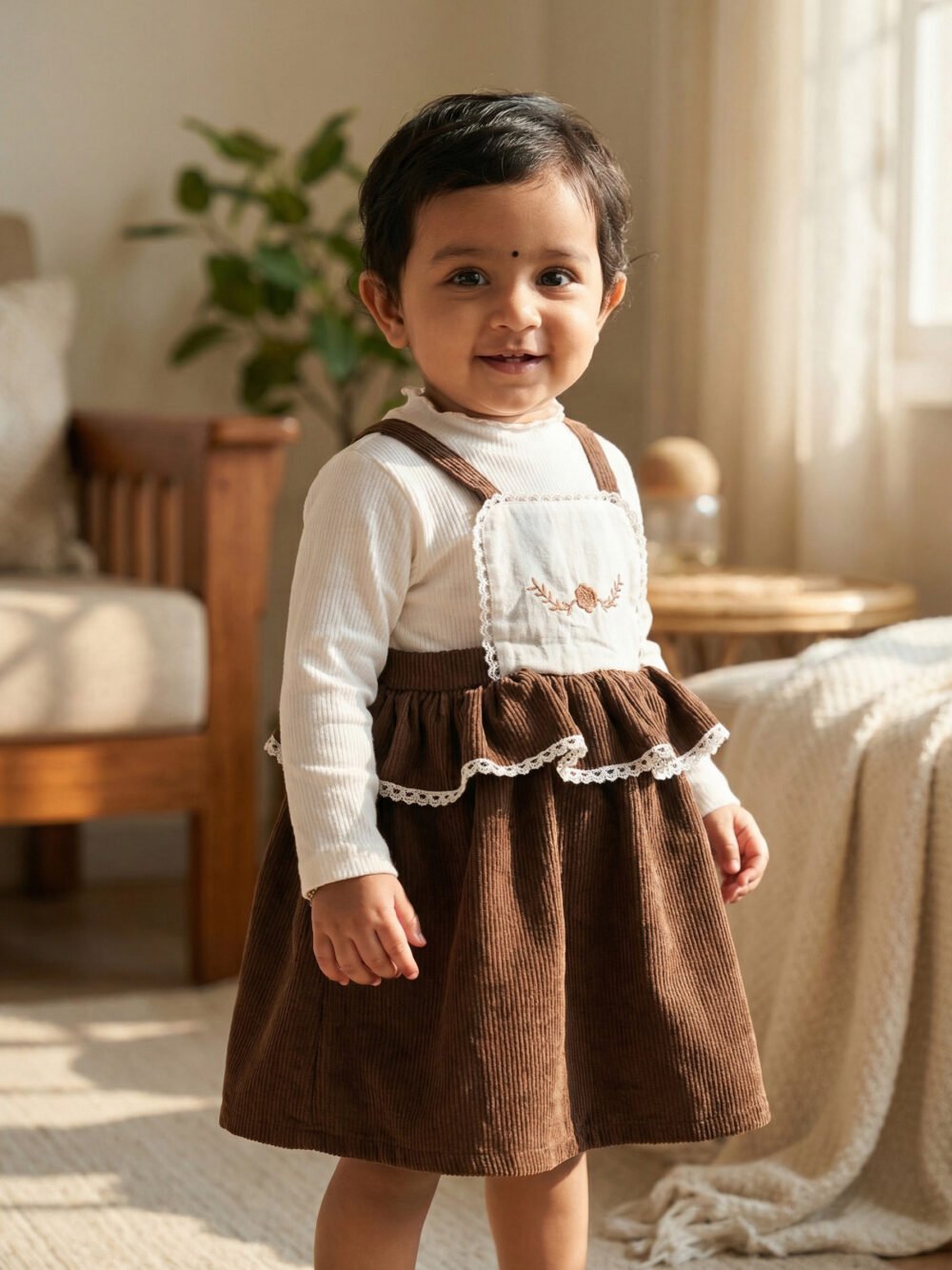 Baby Girls’ Brown Corduroy Pinafore Dress with Floral Embroidery & Lace Trim