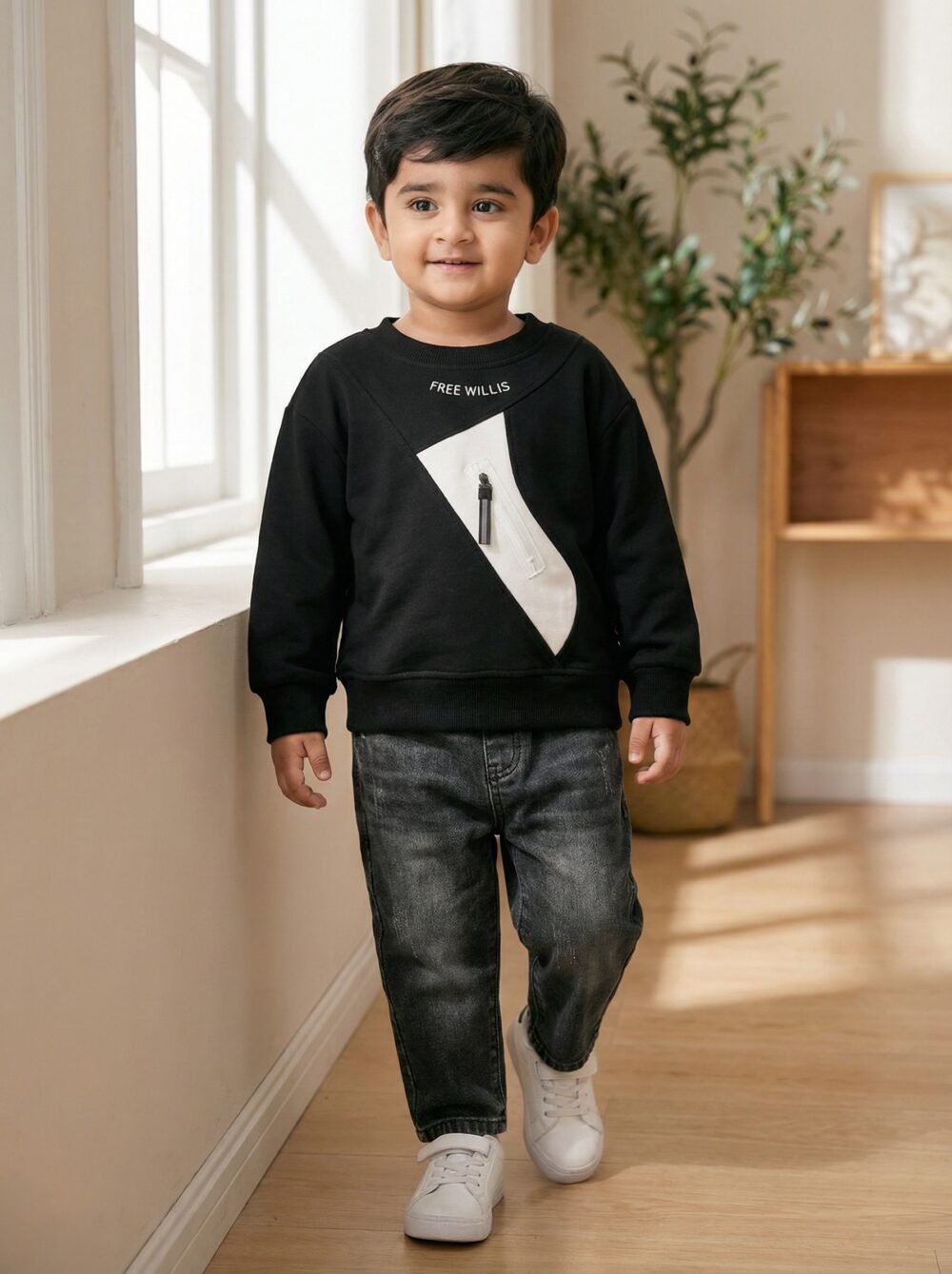 FREE WILLIS Kids’ Black Geometric Patch Sweatshirt & Charcoal Distressed Denim Set