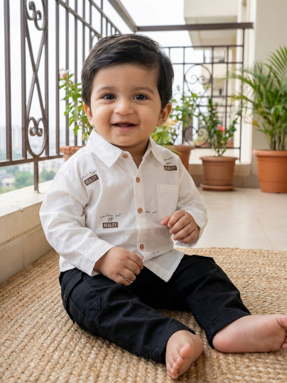 Baby Boys’ “Reality” Graphic Button-Down Shirt & Black Jogger Set